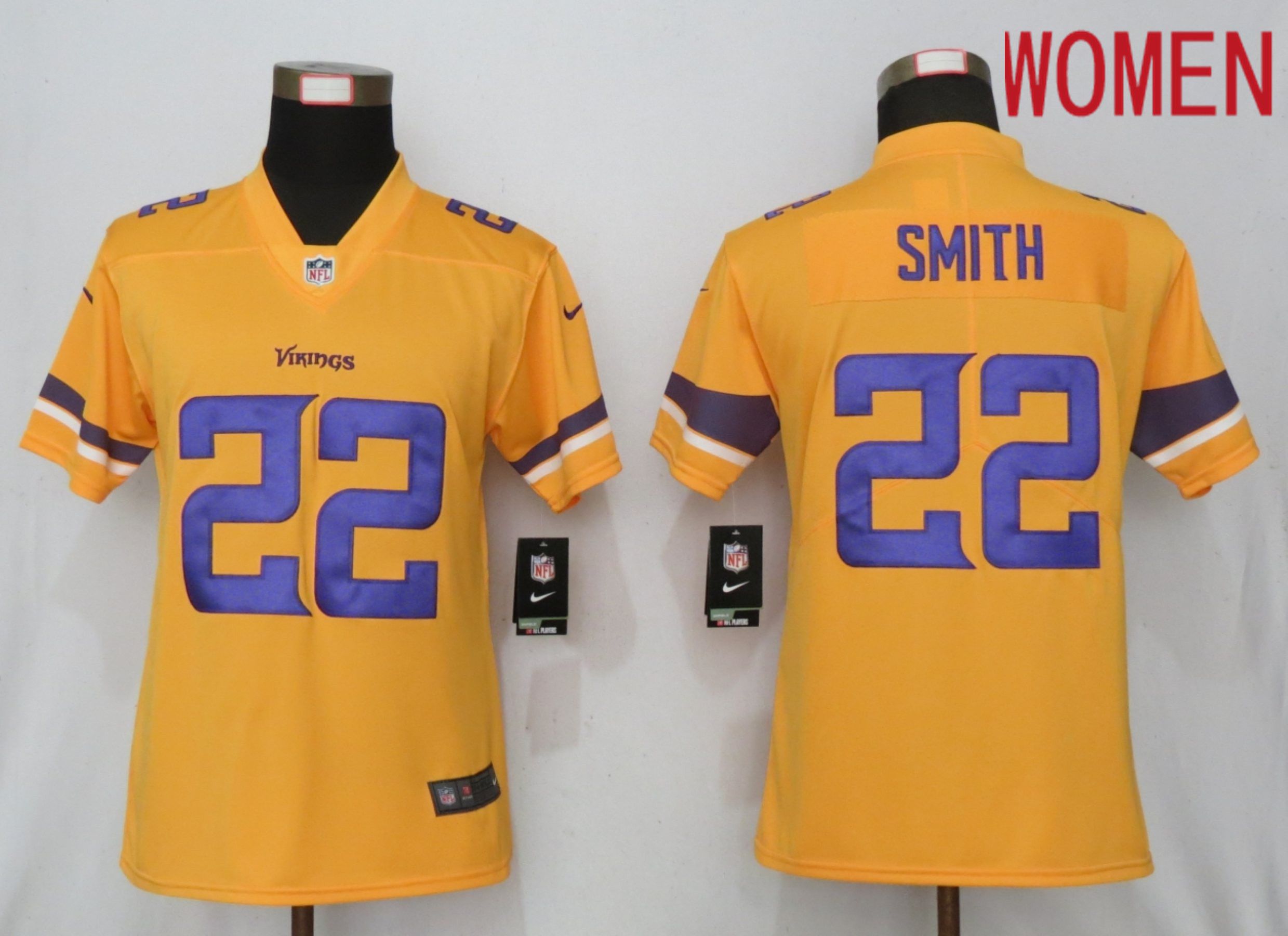 Women Minnesota Vikings #22 Smith 2019 Vapor Untouchable Nike Gold Inverted Elite Playe NFL Jerseys->women nfl jersey->Women Jersey